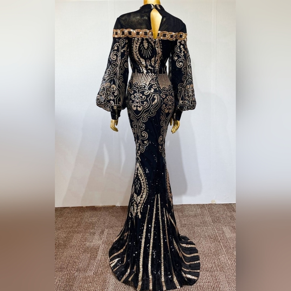 Black Embellished Backless Gown with Bishop Sleeves- CUSTOM MADE - Picture 14 of 15
